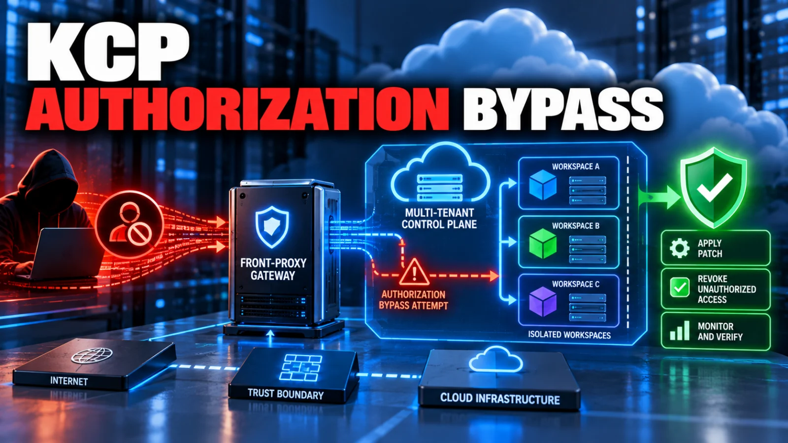 Multi-tenant control-plane illustration showing the kcp front-proxy authorization bypass addressed by CVE-2026-61682