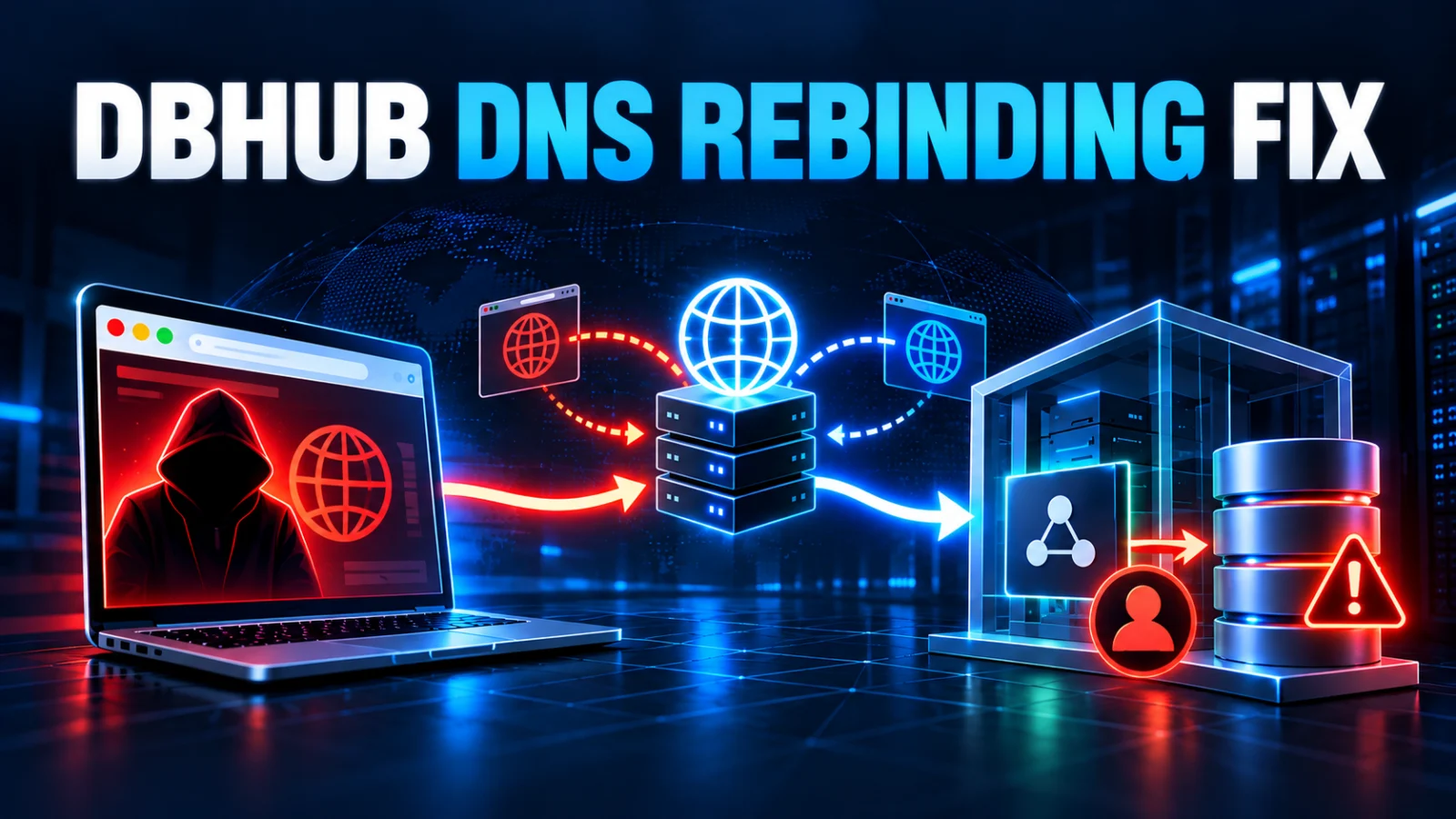 Editorial cybersecurity illustration of DBHub HTTP DNS rebinding between a browser and database service