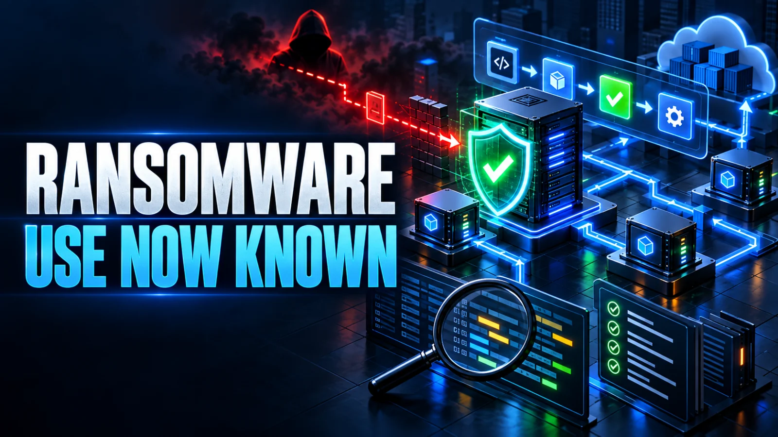 Editorial cybersecurity illustration showing a CI/CD server exposure path with patching and forensic investigation