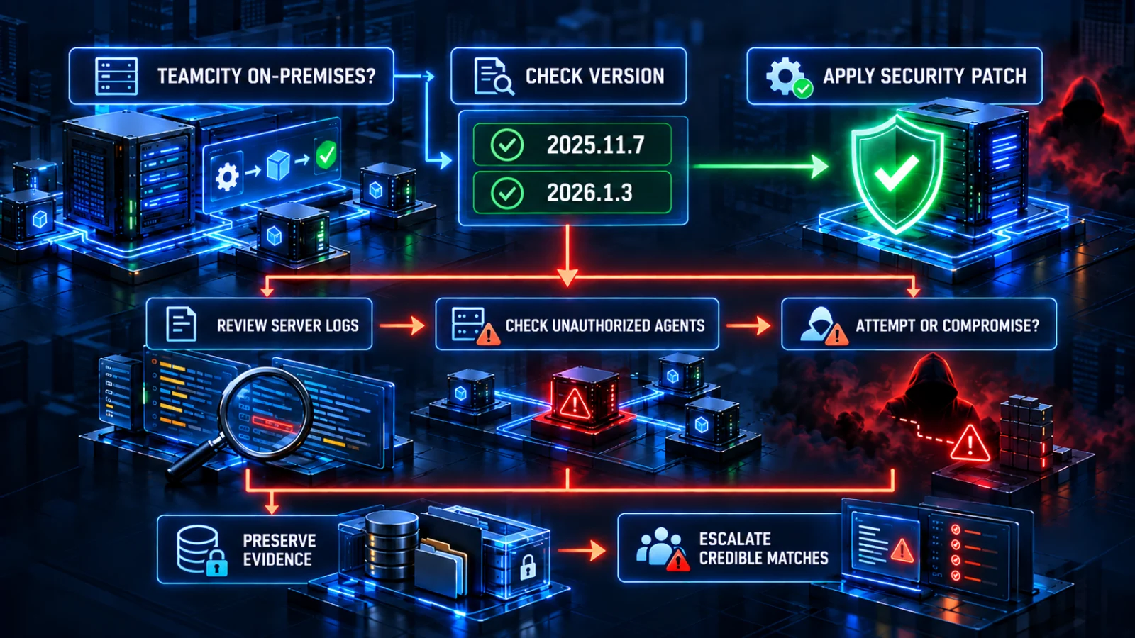 Defensive infographic showing TeamCity administrators how to verify versions, patch exposure and review evidence after CVE-2026-63077