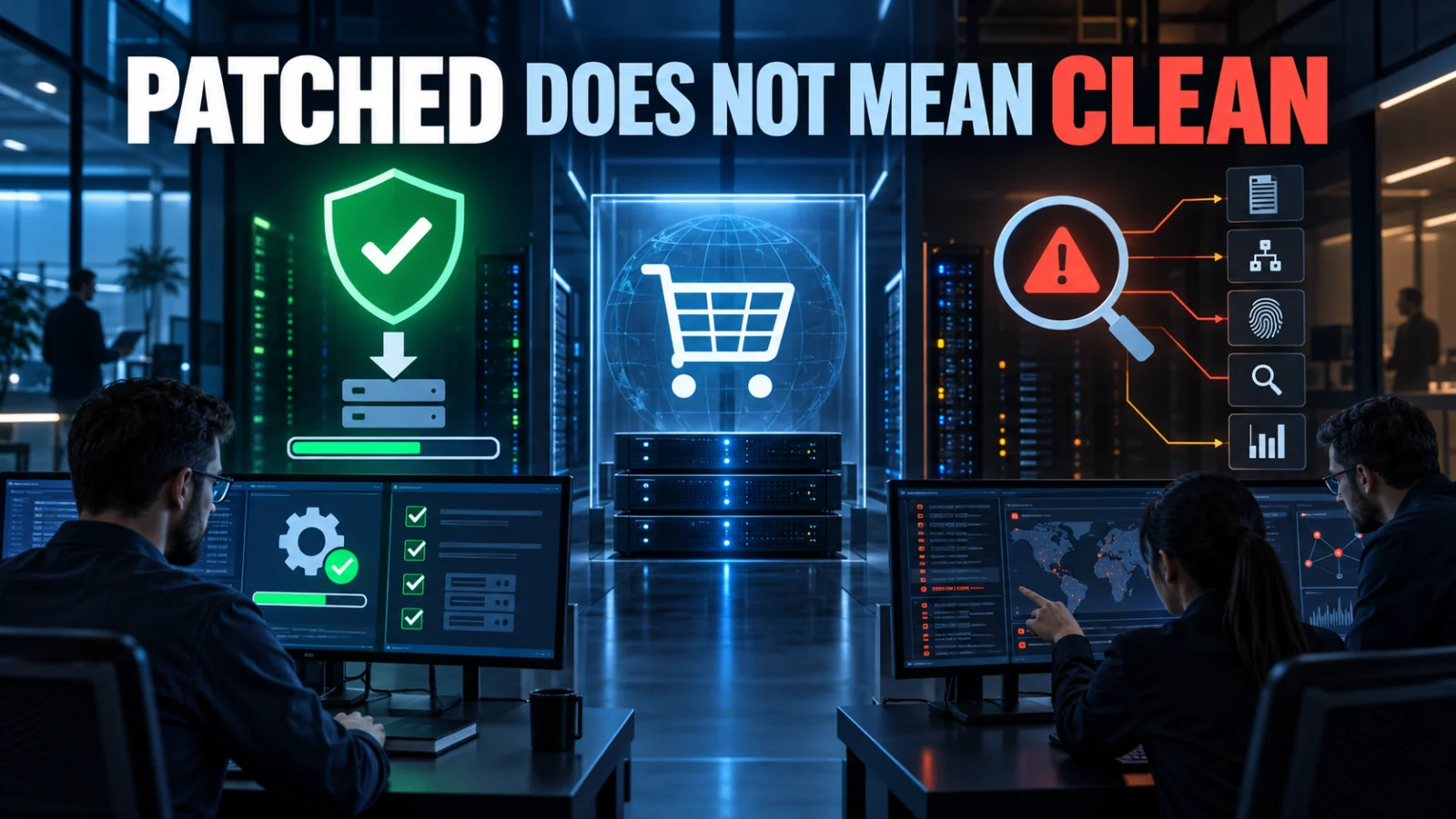 Editorial cybersecurity scene about the CVE-2026-75650 patch and Magento compromise checks