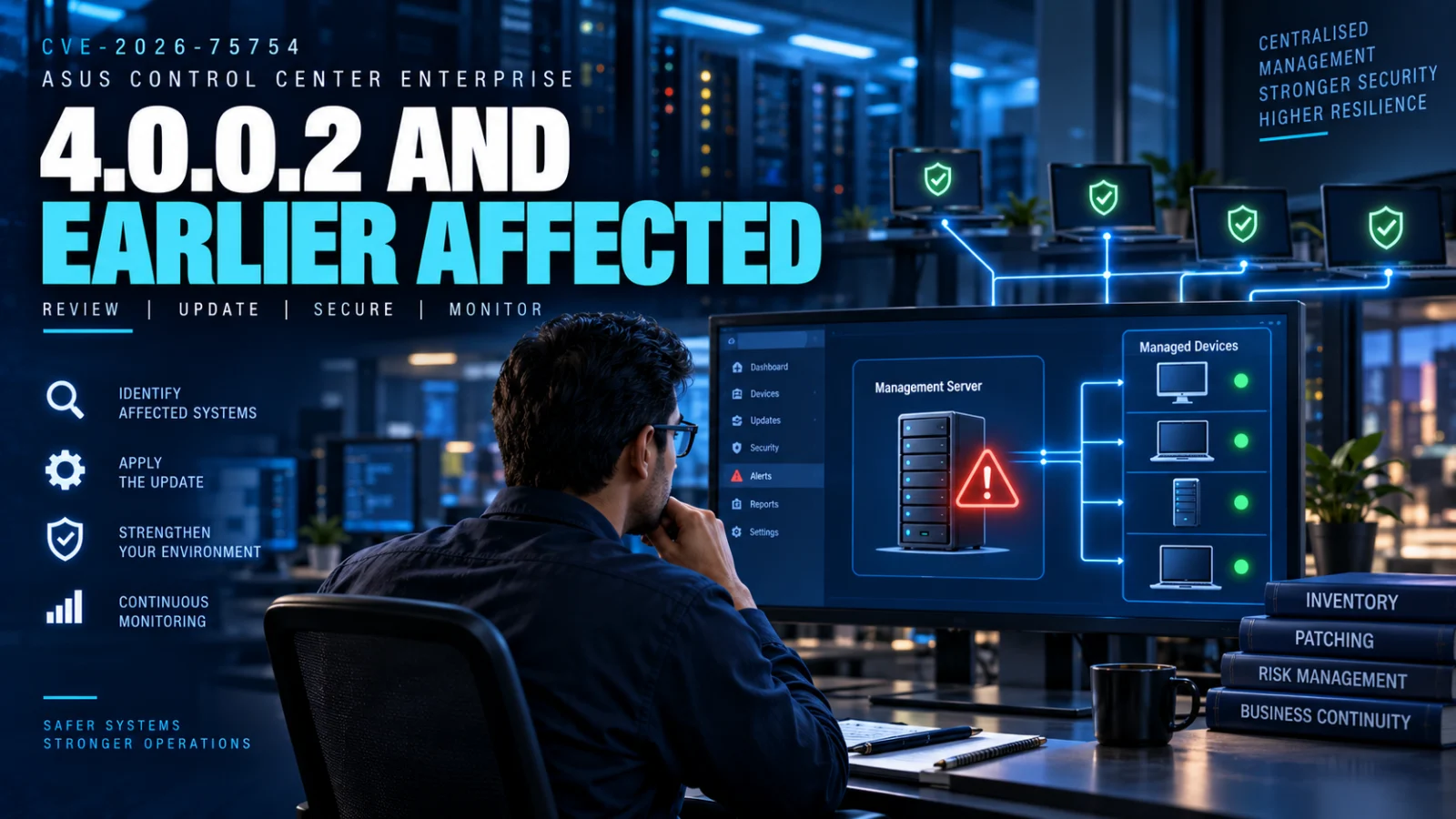 Editorial cybersecurity image showing ASUS Control Center versions under security review