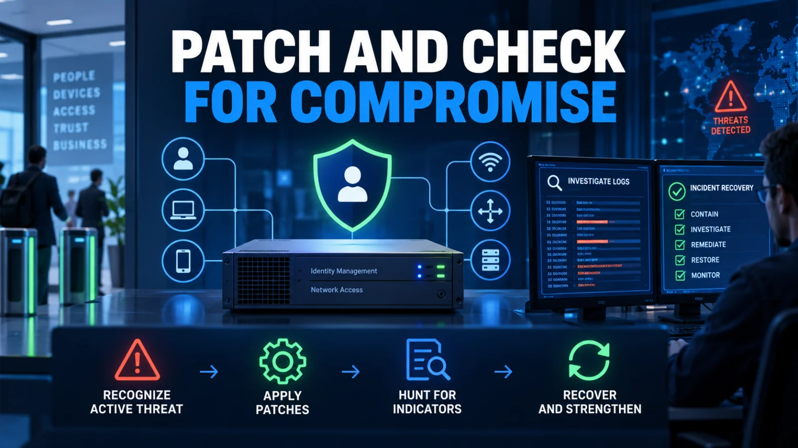 Cybersecurity incident-response illustration for actively exploited CVE-2026-76460 affecting Cisco ISE