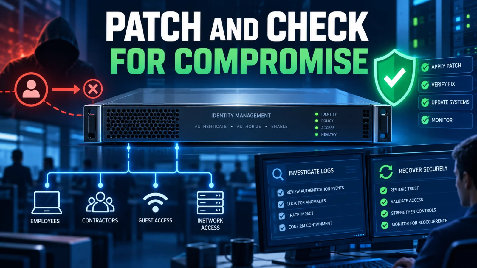Cisco ISE CVE-2026-76460 response infographic showing fixed releases, mitigation, log checks and recovery steps