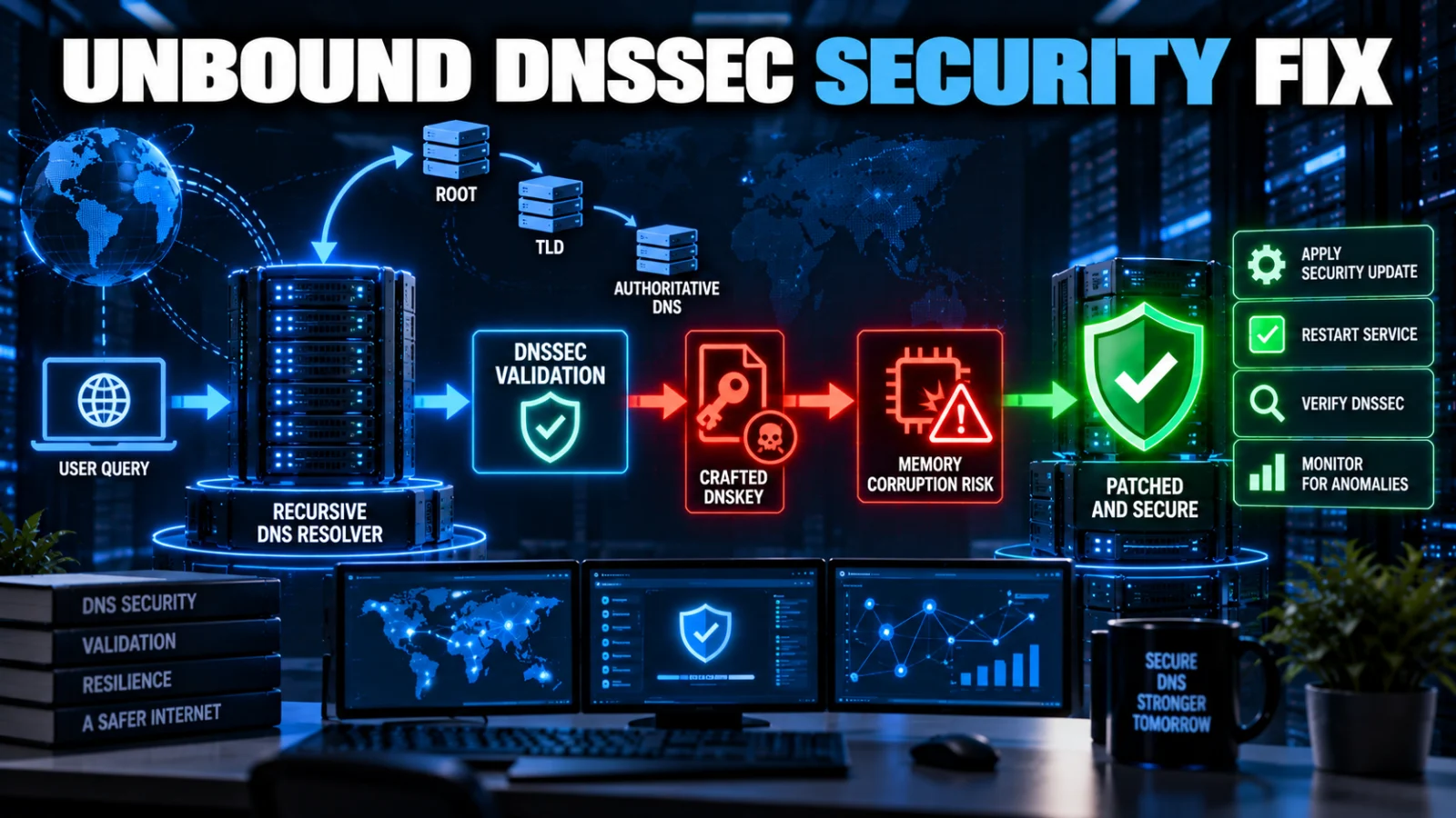 Recursive DNS resolver and DNSSEC security illustration for CVE-2026-81642