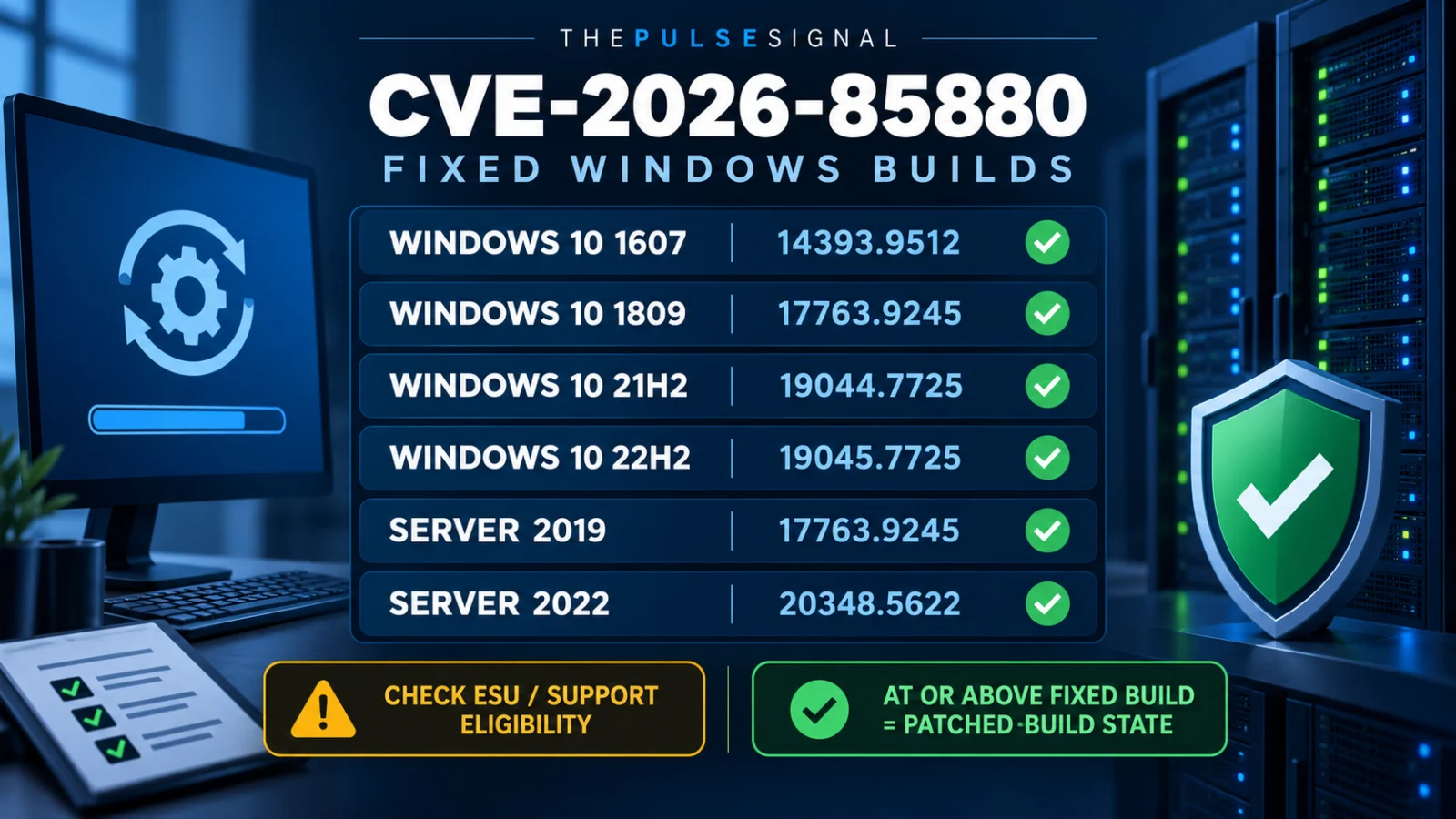 Infographic listing key fixed Windows 10 and Server build thresholds for CVE-2026-85880