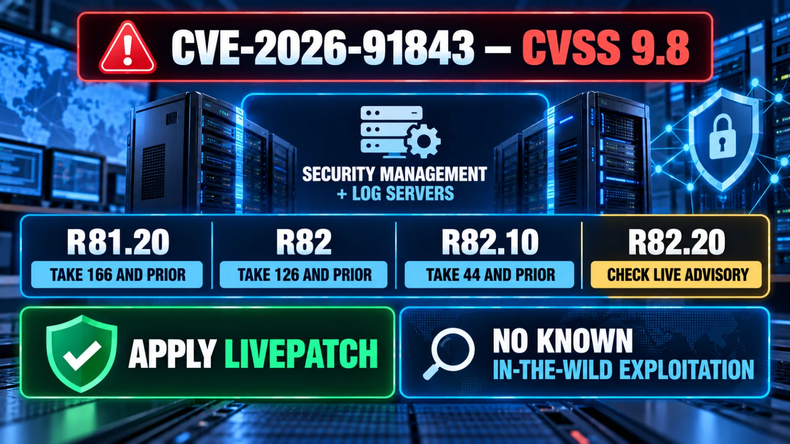 Infographic summarizing CVE-2026-91843 affected Check Point releases and LivePatch guidance