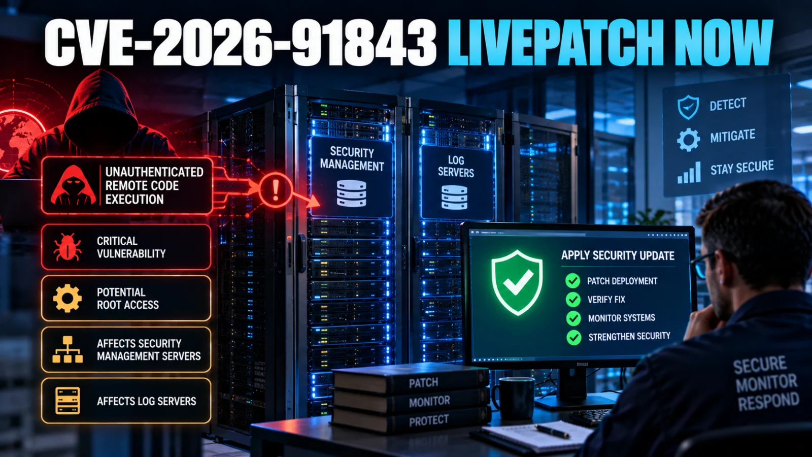 Editorial illustration of a critical remote-code-execution vulnerability affecting enterprise security management servers