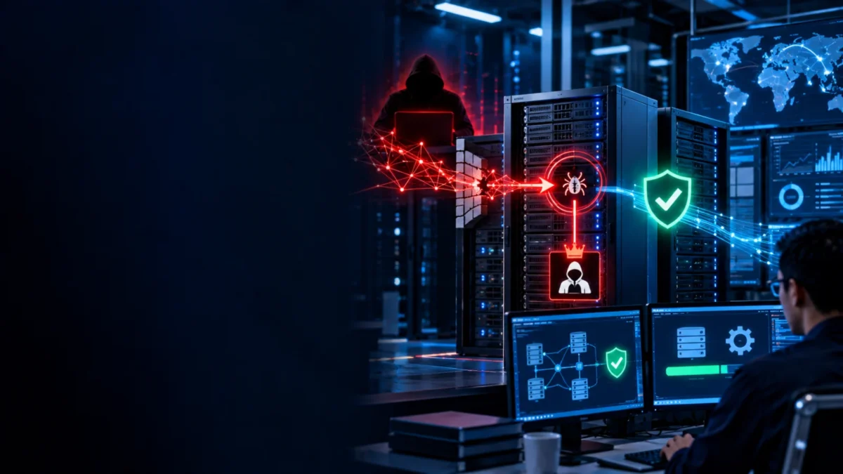 Enterprise security management infrastructure shown with critical remote-code-execution and patch-verification cues