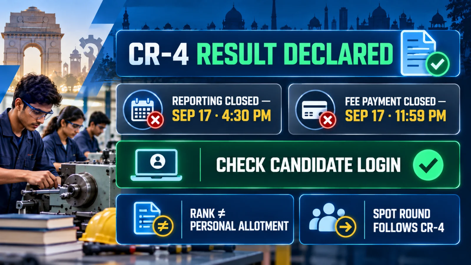 Delhi ITI CR-4 current status showing result declared, reporting closed, fee payment closed and candidate login check
