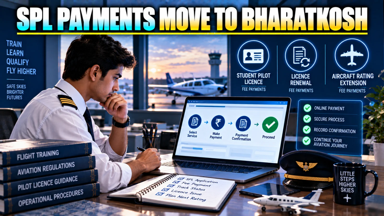 Student pilot reviewing the new DGCA SPL payment workflow through eGCA and Bharatkosh
