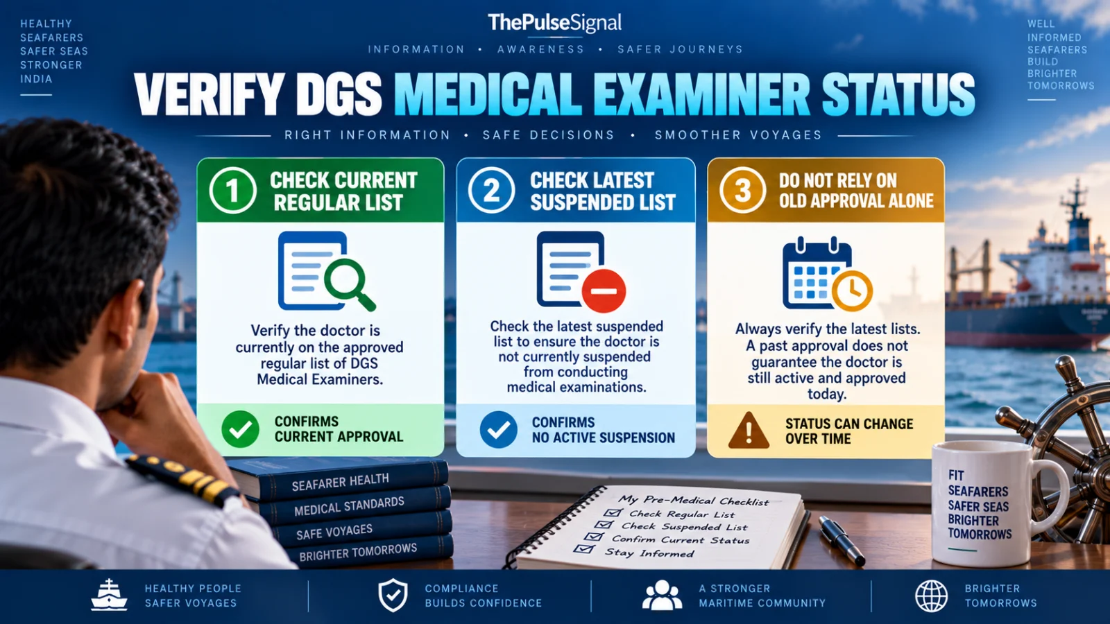 Infographic showing how seafarers should verify current DGS Medical Examiner approval status