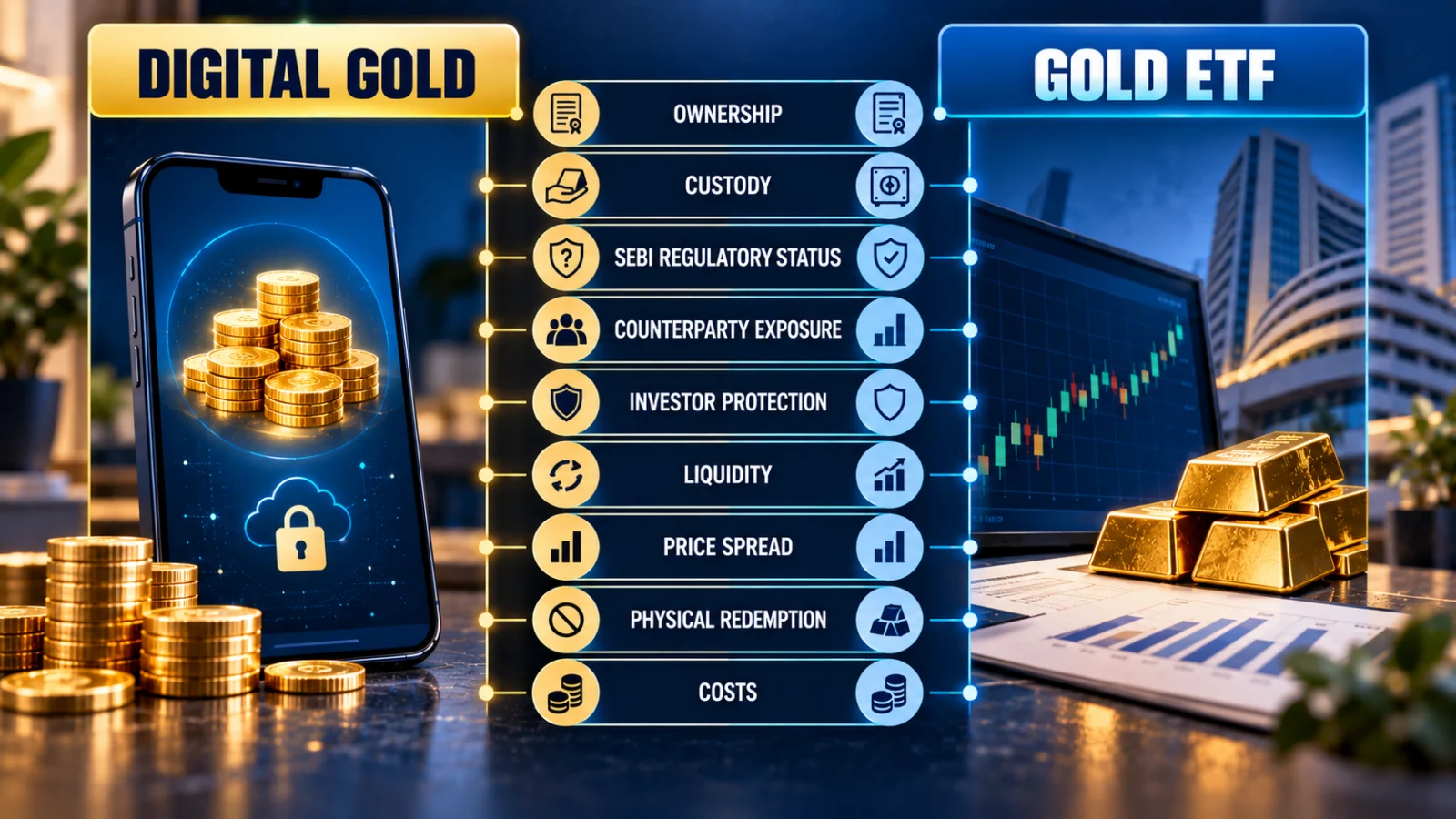 Infographic comparing digital gold and Gold ETFs across ownership, regulation, custody, liquidity and investor protection