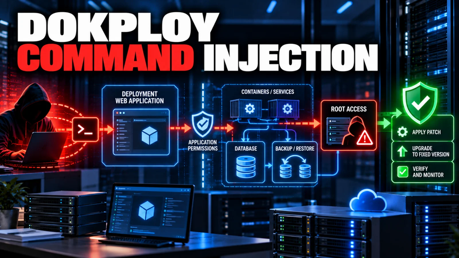 Representative server and database backup workflow illustrating Dokploy command injection that can reach root host access