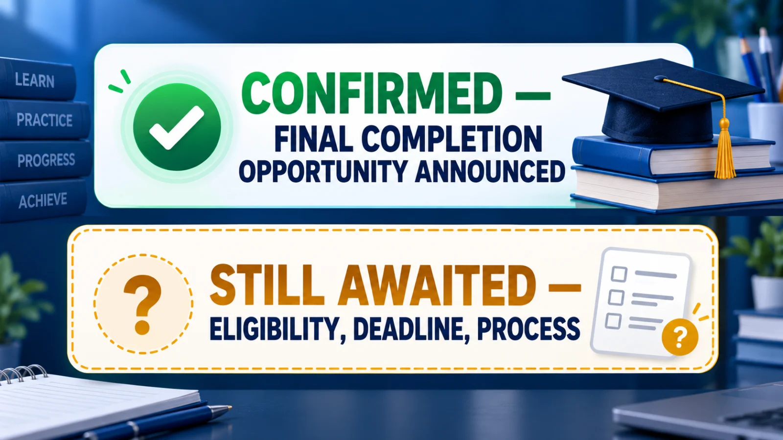 Editorial infographic separating confirmed and unresolved details of the DPE final completion opportunity