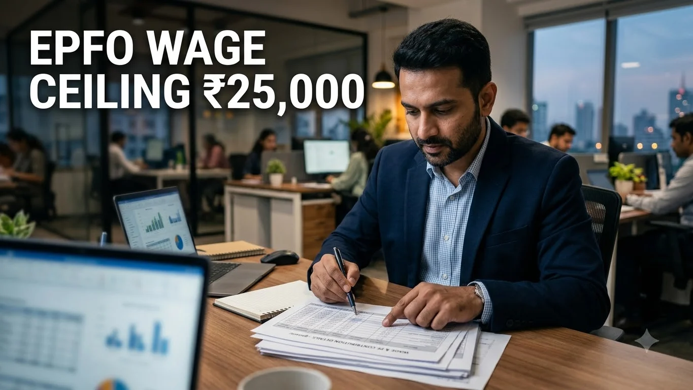 Indian salaried employee reviewing payroll information about the new ₹25,000 EPFO wage ceiling