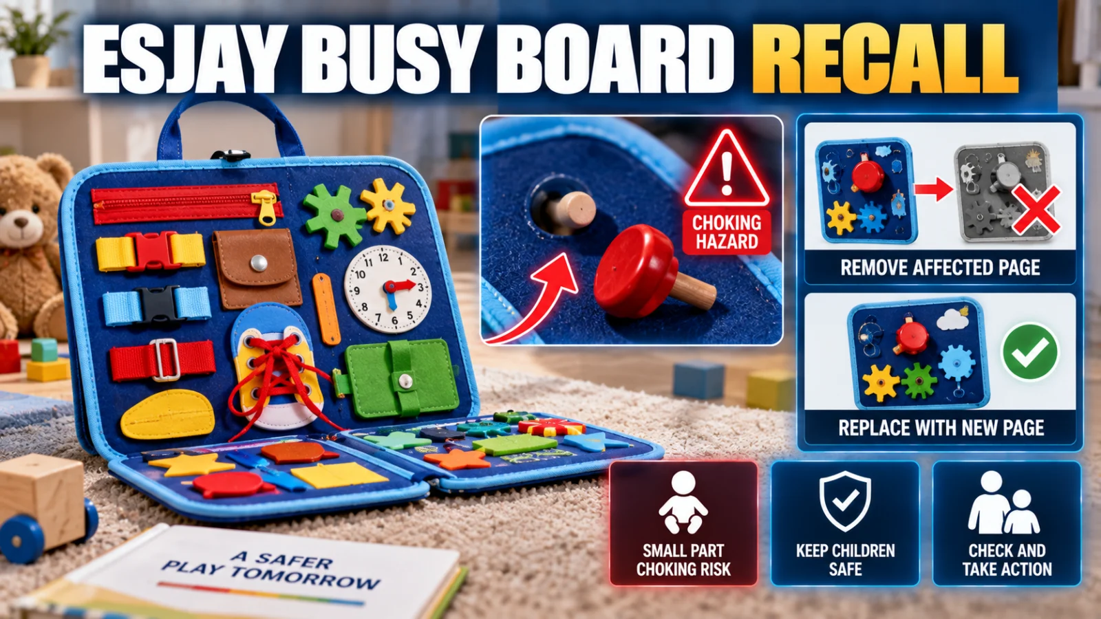 Editorial illustration of a recalled toddler busy board with a detachable red knob and replacement-page safety workflow
