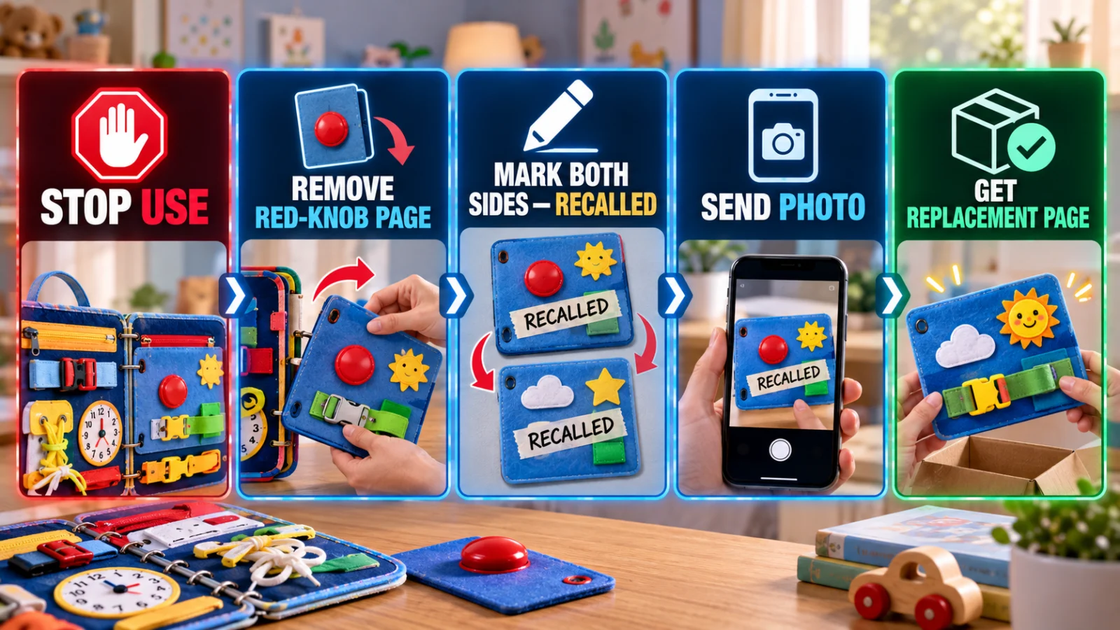 Infographic showing the Esjay busy-board recall remedy from stop use through page removal and replacement request