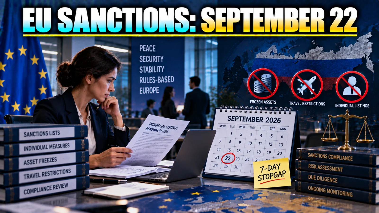 European sanctions policy illustration showing a seven-day deadline for Russia individual listings