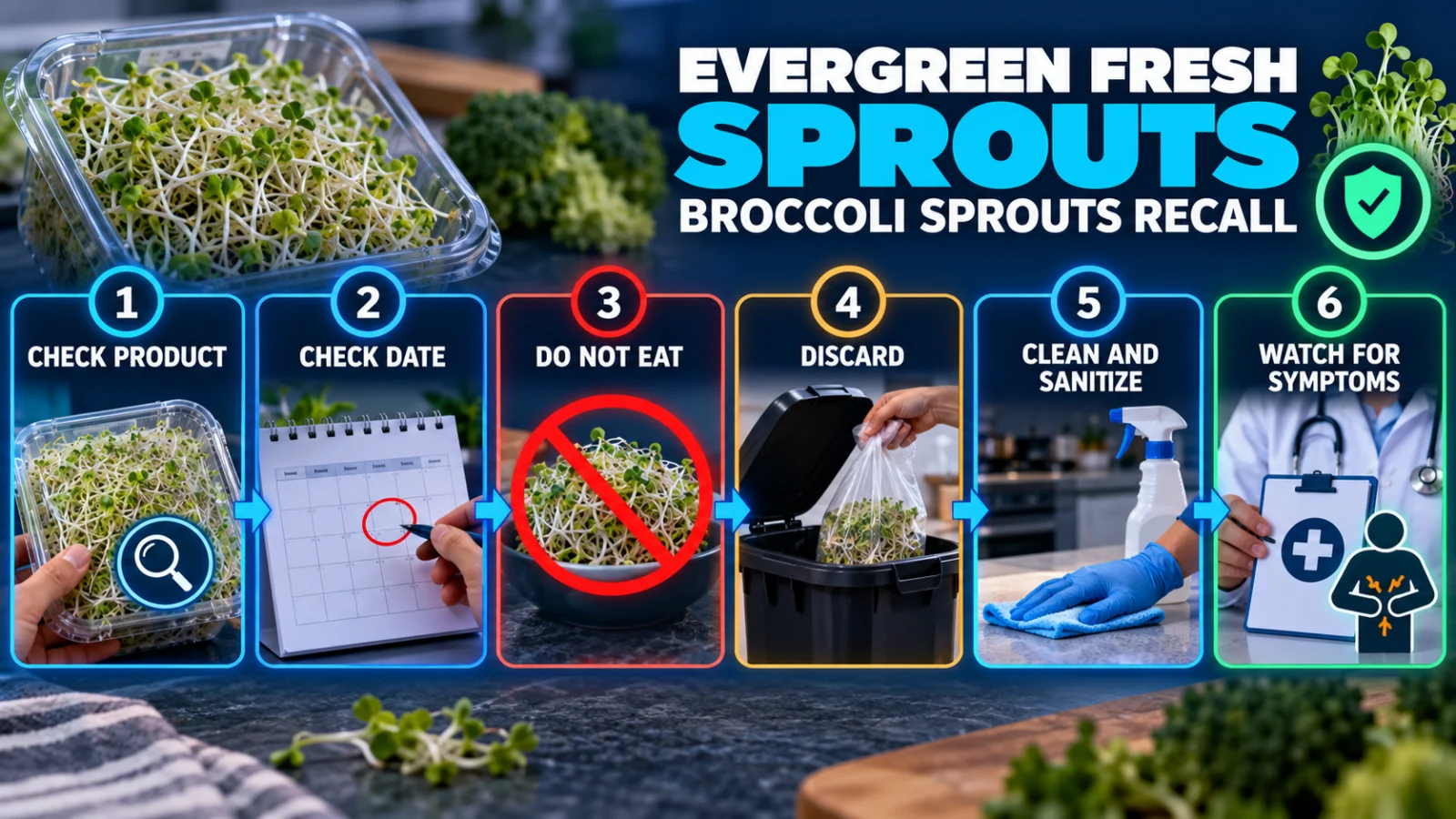 Checklist showing how to identify and handle recalled Evergreen Fresh Sprouts broccoli sprouts