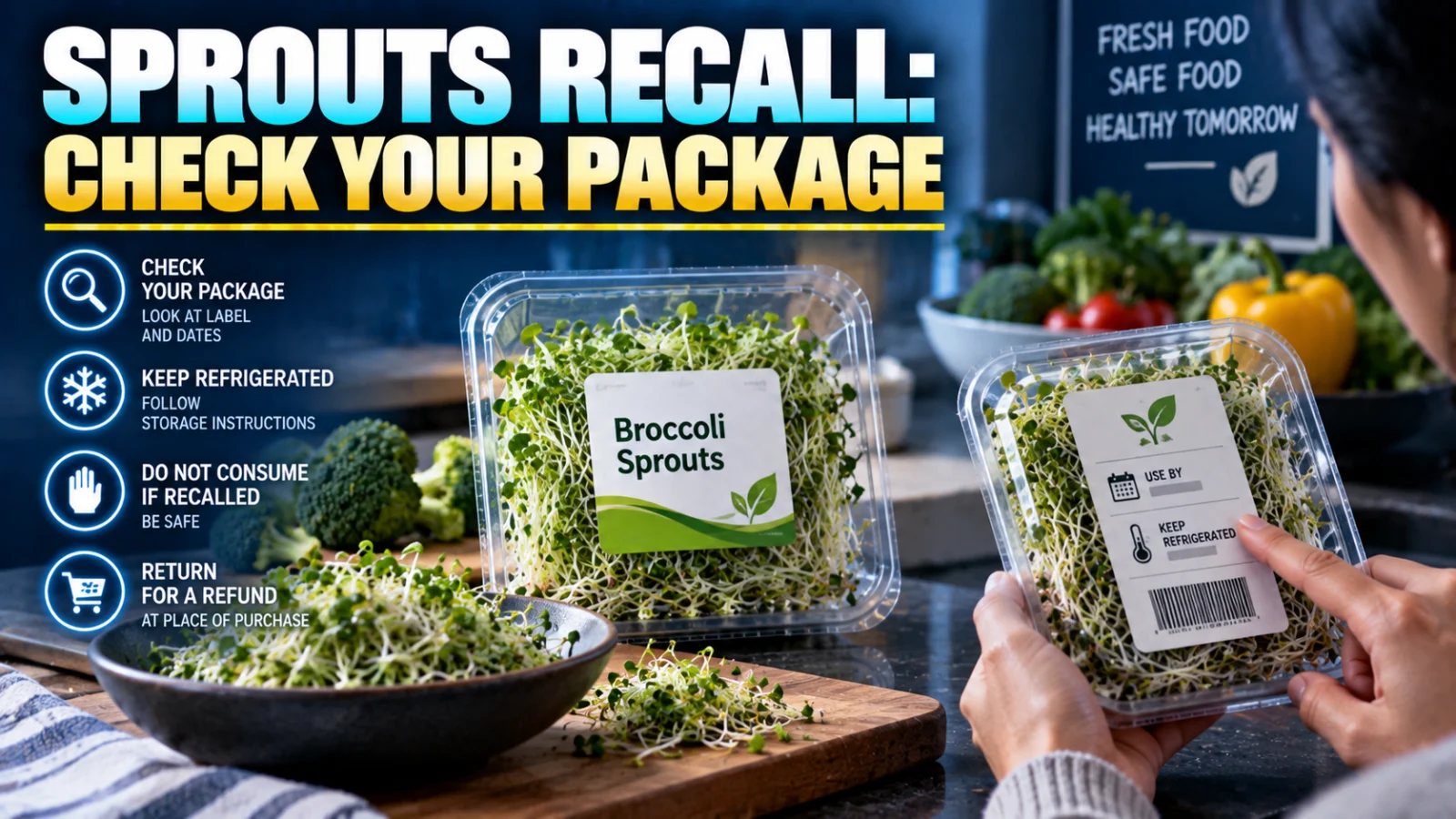 Editorial illustration of recalled broccoli sprouts being checked before consumption