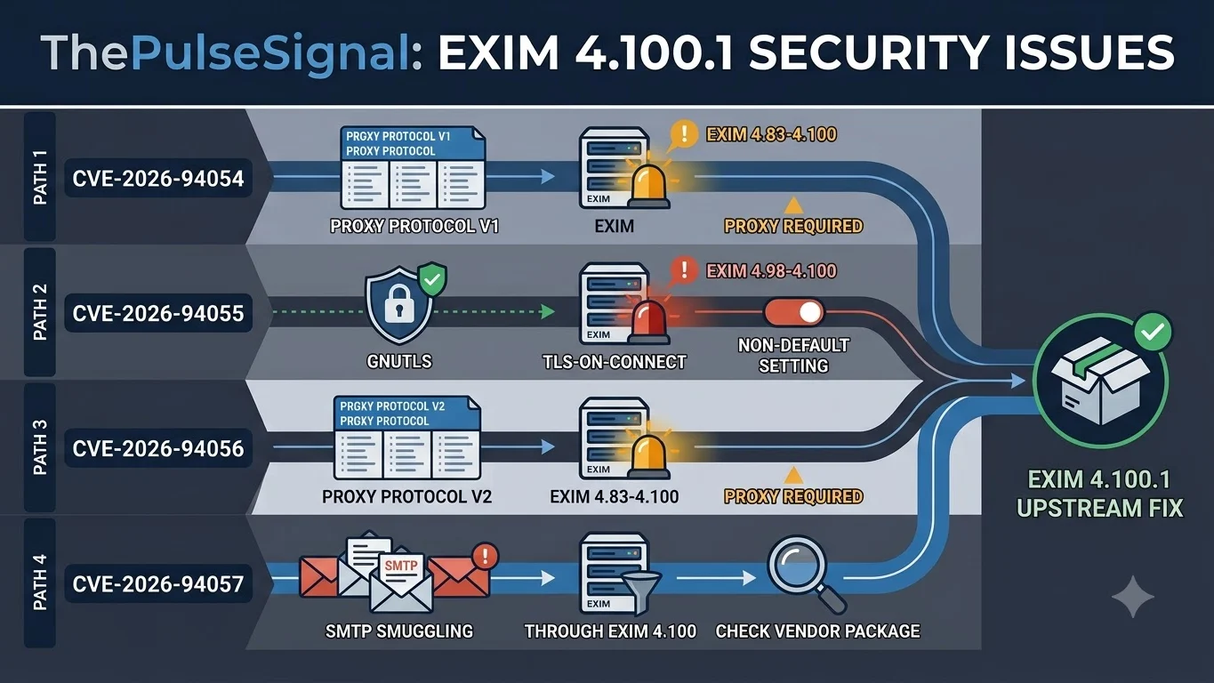 Exim 4.100.1 exposure matrix separating Proxy Protocol, GnuTLS and SMTP smuggling conditions