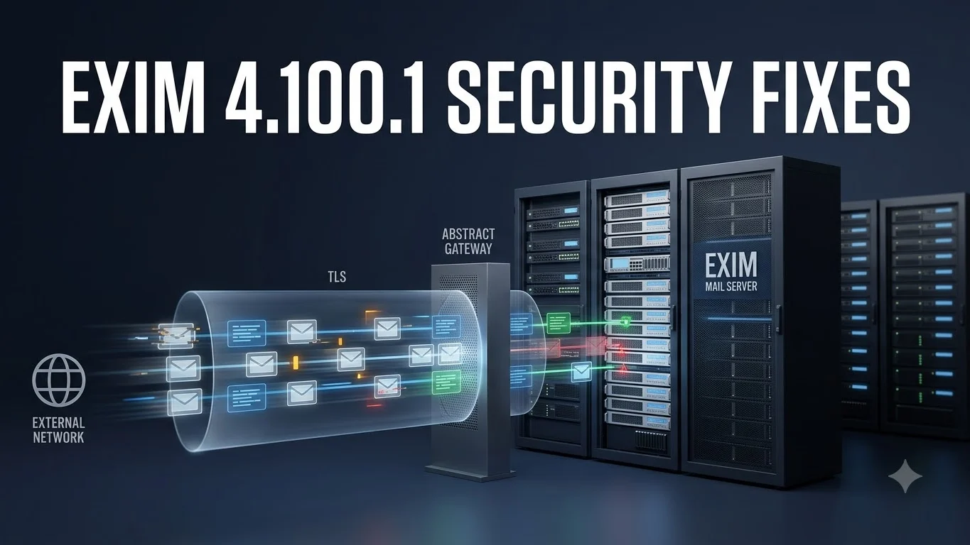 Mail server security illustration showing Proxy Protocol, TLS and SMTP paths for Exim 4.100.1