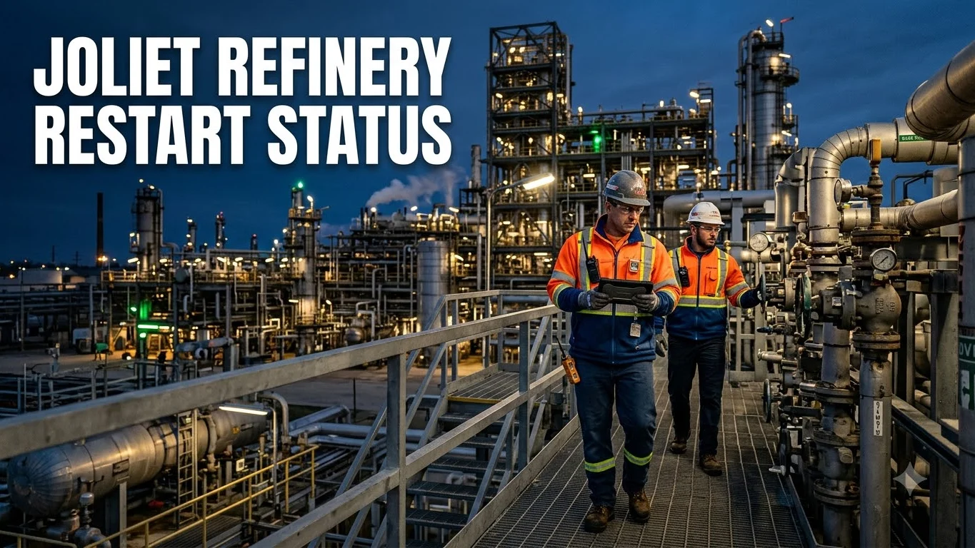 Editorial refinery operations scene showing restart assessment after the Joliet power outage