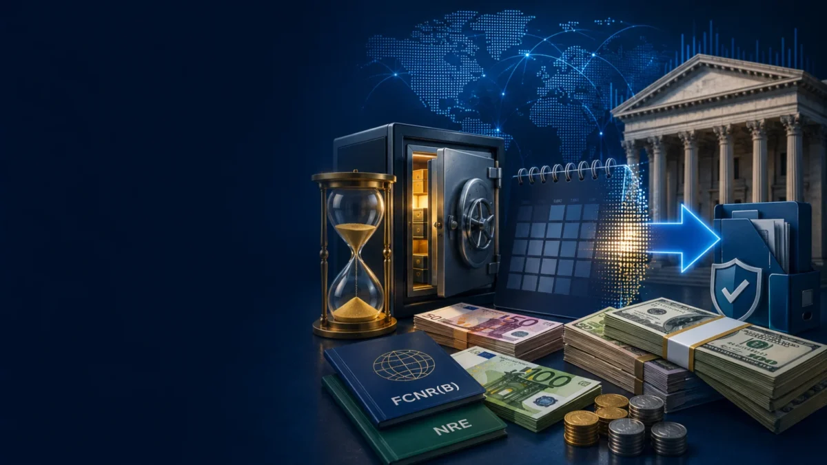 FCNR(B) and NRE deposit-rate rule transition represented with foreign currency and Indian banking imagery