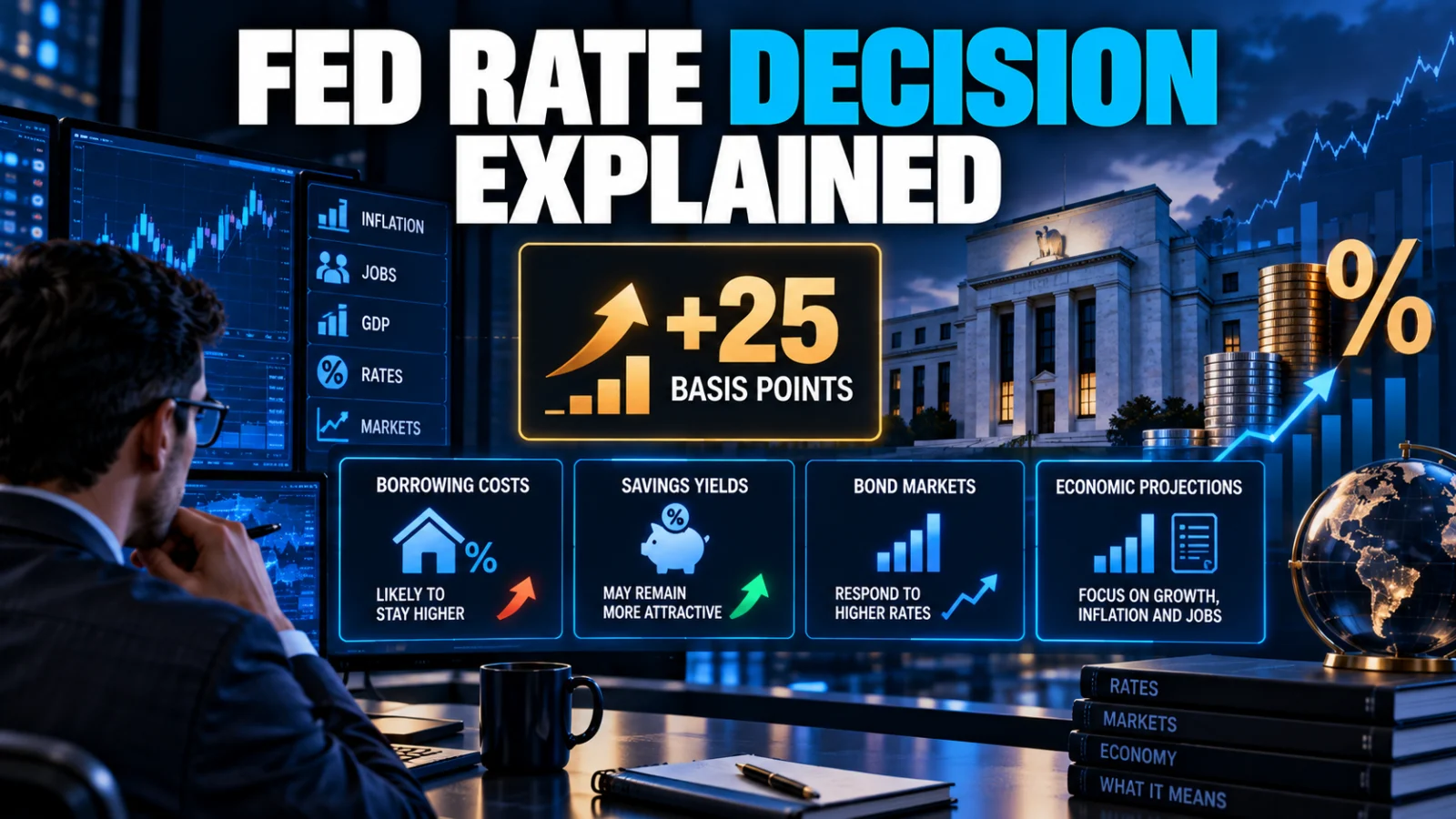 Financial analyst reviewing a central bank rate increase and updated economic projections