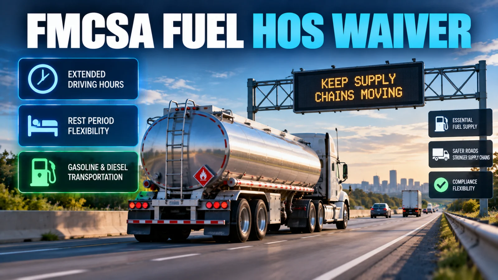 Editorial illustration of a U.S. fuel tanker truck representing temporary FMCSA hours-of-service relief