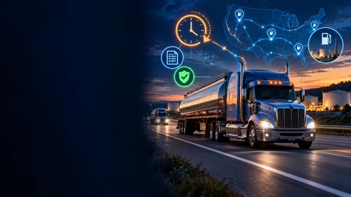 Text-free editorial image of an interstate fuel tanker truck representing the FMCSA fuel HOS waiver