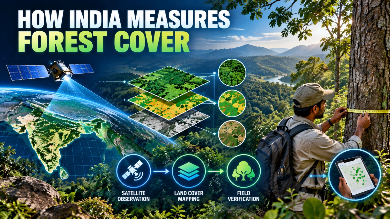 Editorial illustration of satellite forest mapping, field inventory and GIS used to assess forest and tree cover in India