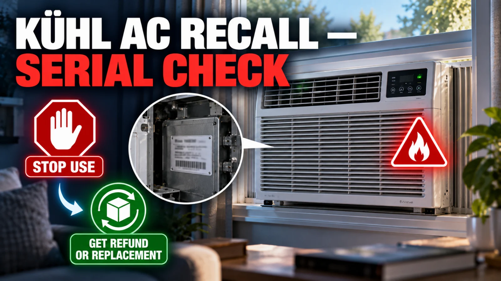 Window air conditioner recall illustration showing a model and serial verification concept with fire-risk warning