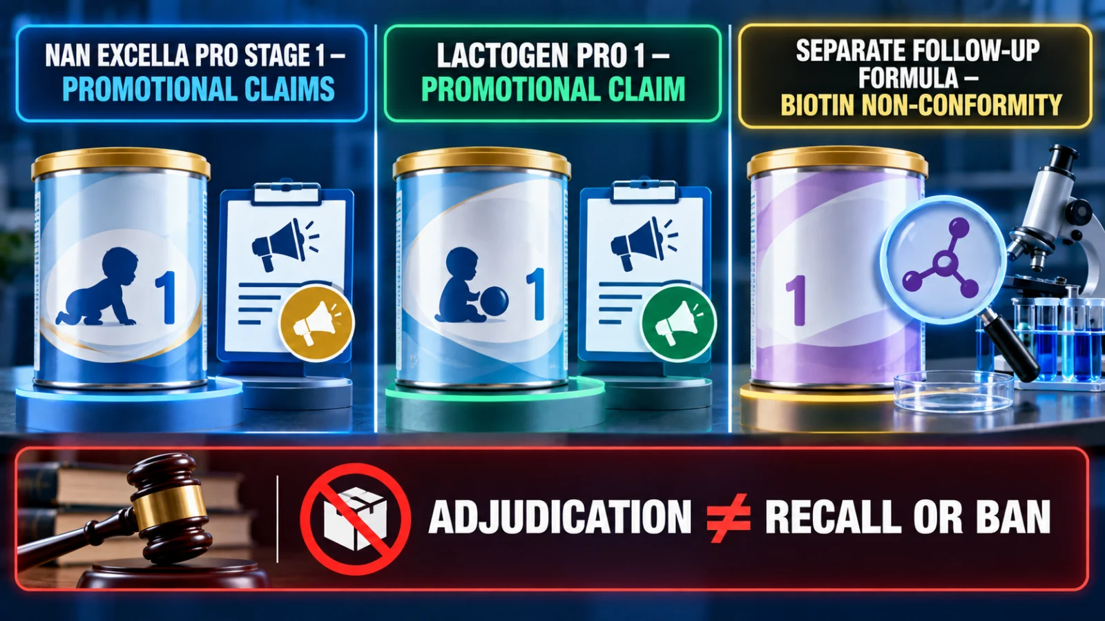 Infographic separating two promotional-claim cases from a separate follow-up-formula biotin case