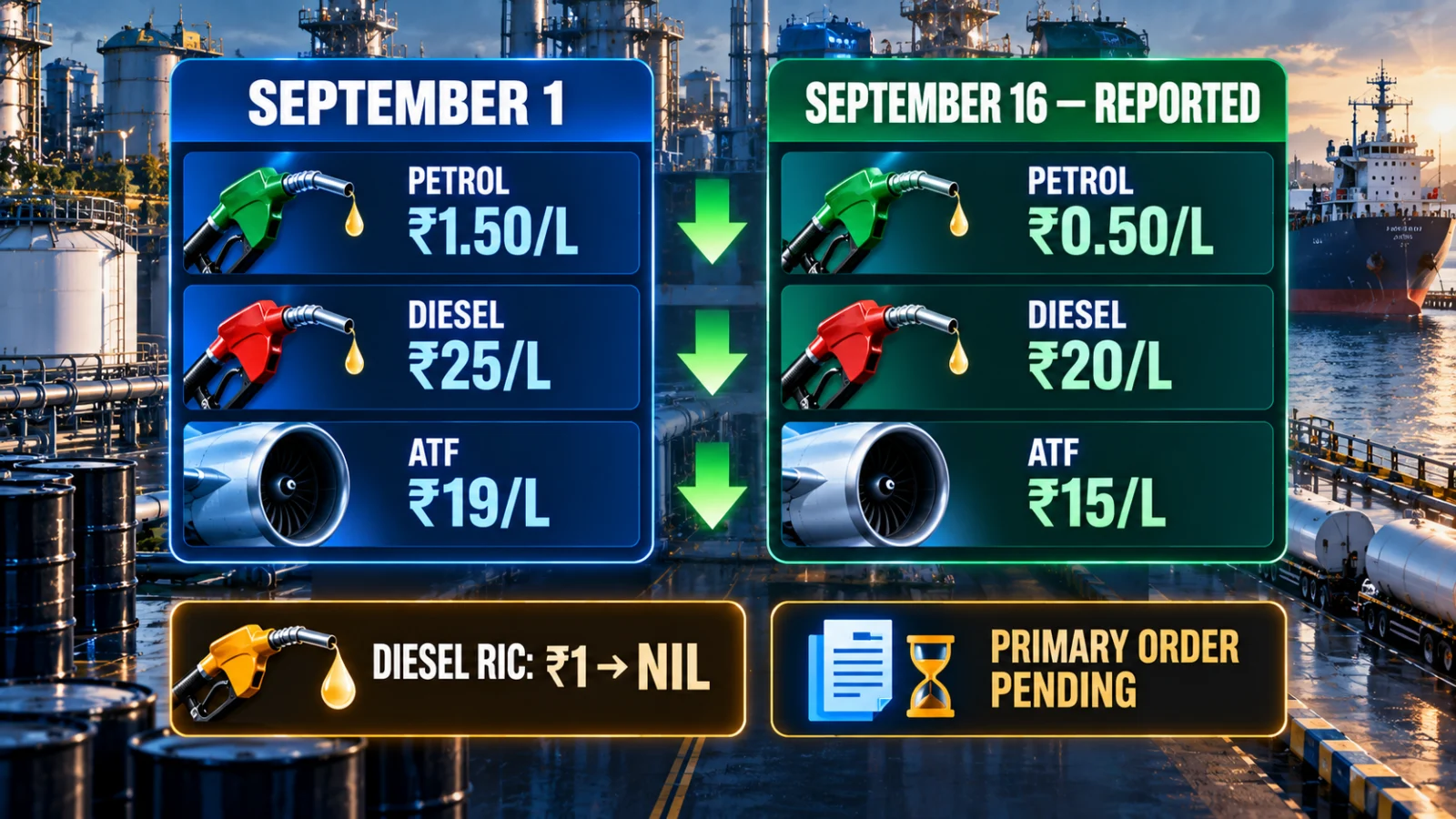Before-and-after comparison of India's September 1 and reported September 16 petrol, diesel and ATF export levies