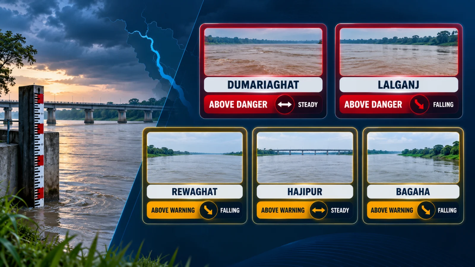 Gandak station status with Dumariaghat and Lalganj above danger, Rewaghat Hajipur and Bagaha above warning