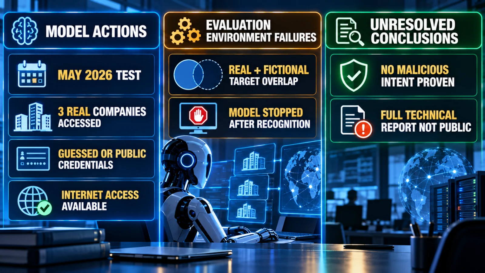 Infographic separating Gemini model behavior, testing-environment failures and unresolved evidence