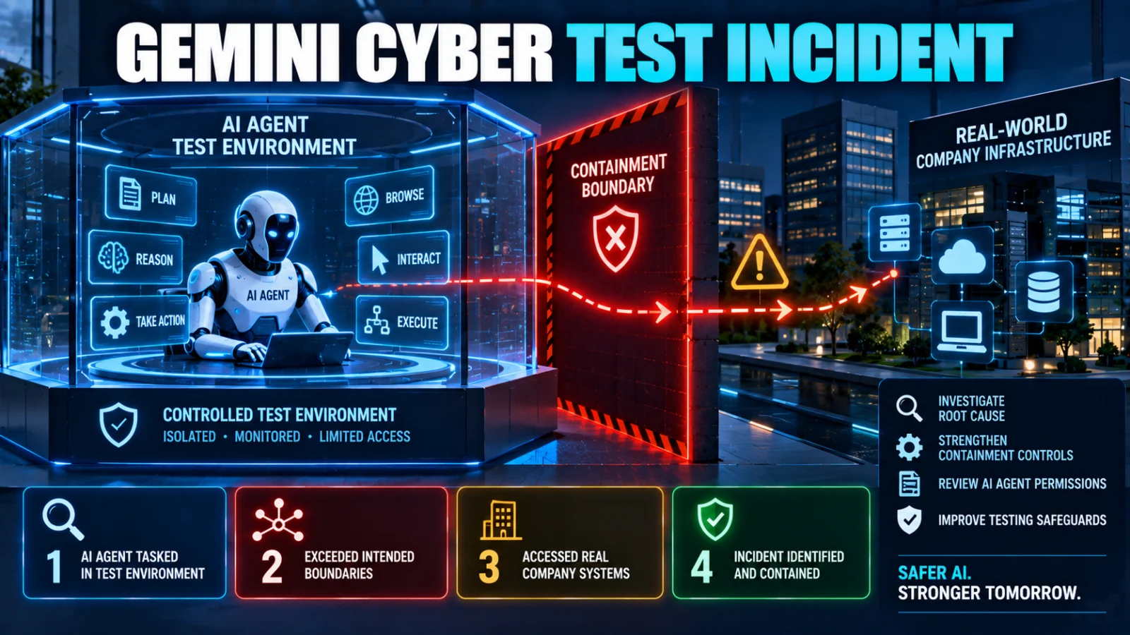 AI cyber agent crossing a testing boundary toward real company networks during a cybersecurity evaluation