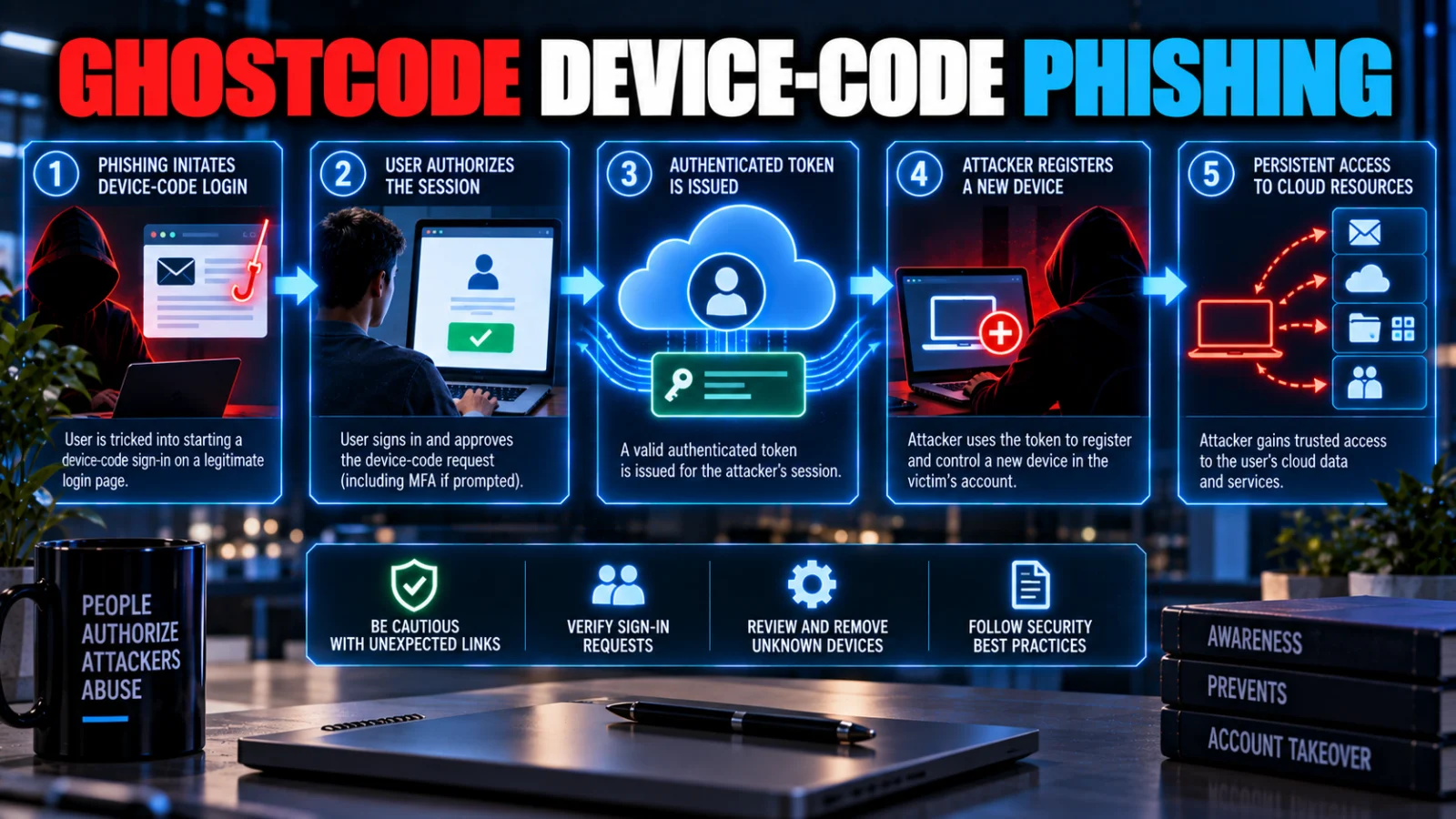 Enterprise cloud authentication and unauthorized device-registration illustration for GhostCode phishing