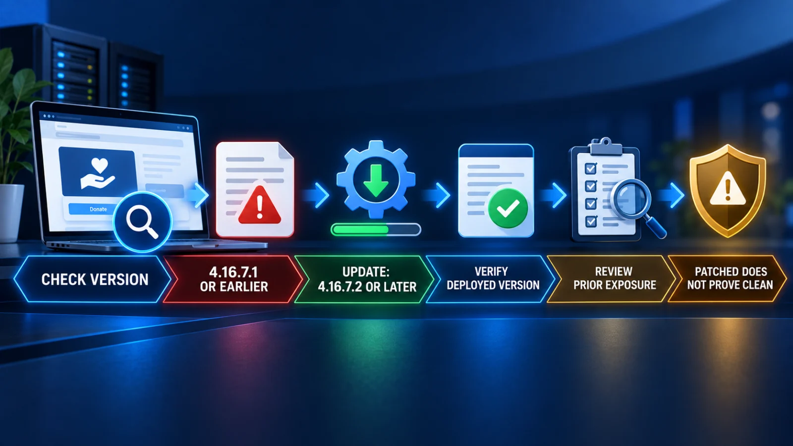 Decision path for checking affected GiveWP versions, updating and reviewing prior exposure