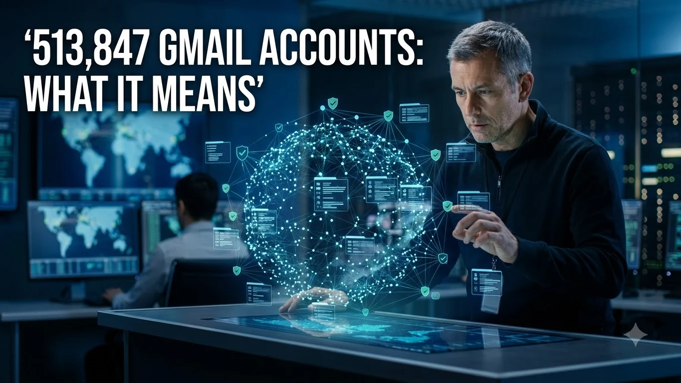 Editorial cybersecurity illustration of a large email-account network, two-factor authentication and police investigation