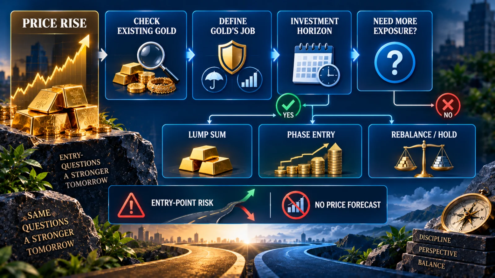 Decision path for buying gold after a price rise using allocation, horizon, entry method and rebalancing