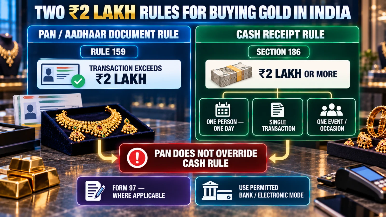 Infographic comparing the PAN documentation threshold with the ₹2 lakh cash-receipt restriction for gold purchases