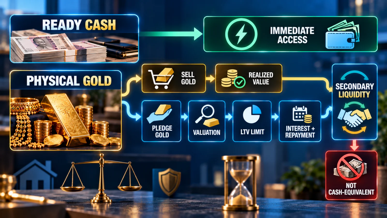 Infographic separating ready emergency cash, selling gold and pledging gold for a loan
