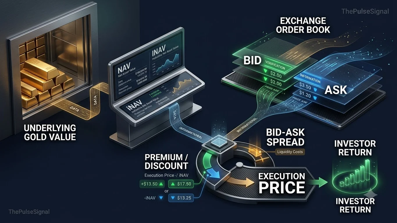 Gold ETF execution infographic separating NAV, iNAV, market price, premium or discount and bid-ask spread