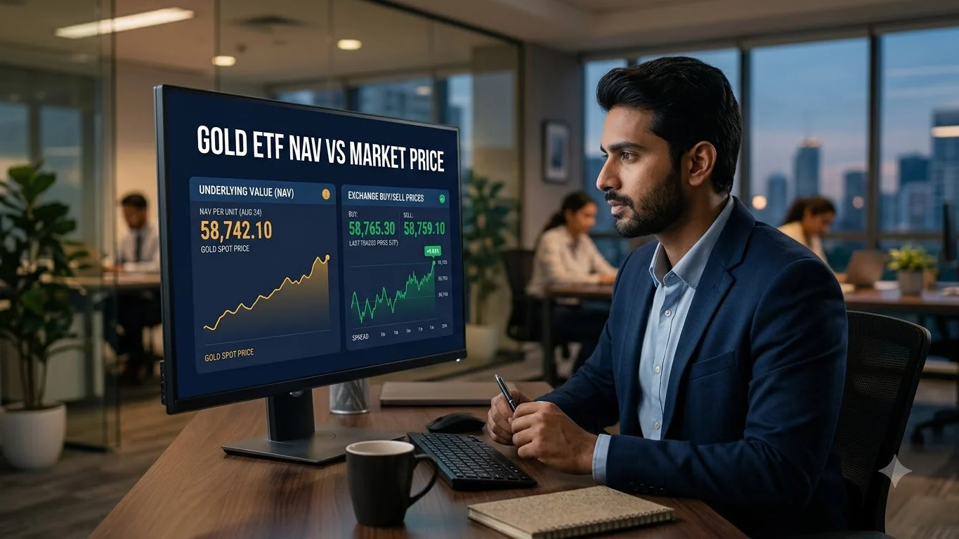 Indian investor comparing a Gold ETF's underlying value with exchange bid and ask prices before placing an order