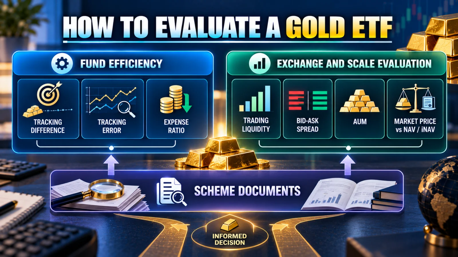 Infographic showing seven metrics for selecting a Gold ETF: tracking difference, tracking error, costs, liquidity, spread, AUM and NAV comparison
