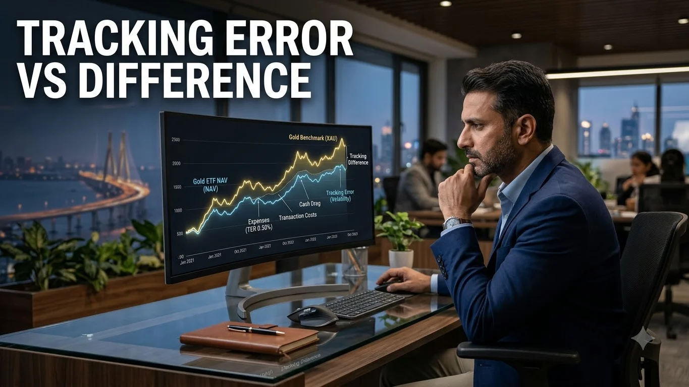 Investor comparing a gold benchmark return line with a Gold ETF NAV return line