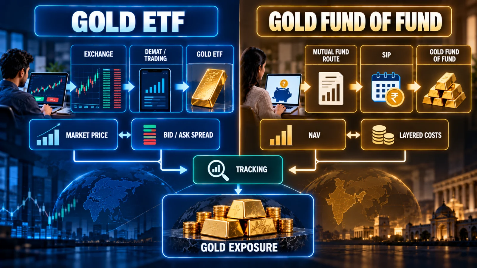 Infographic comparing direct Gold ETF investing with a Gold Fund of Fund across exchange access, SIP, pricing, costs and tracking